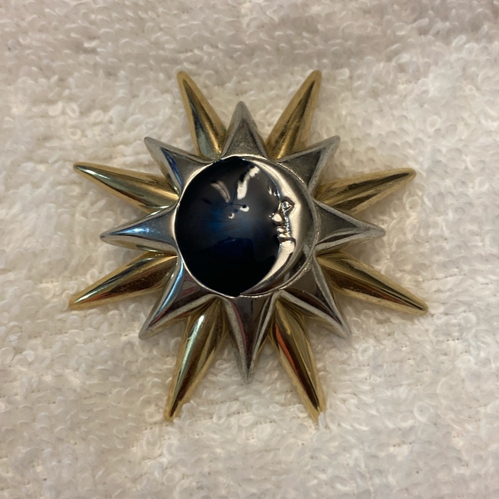 💜LC Lauren Conrad Black Gold & Silver Tone Crescent Moon Sun Celestial Brooch